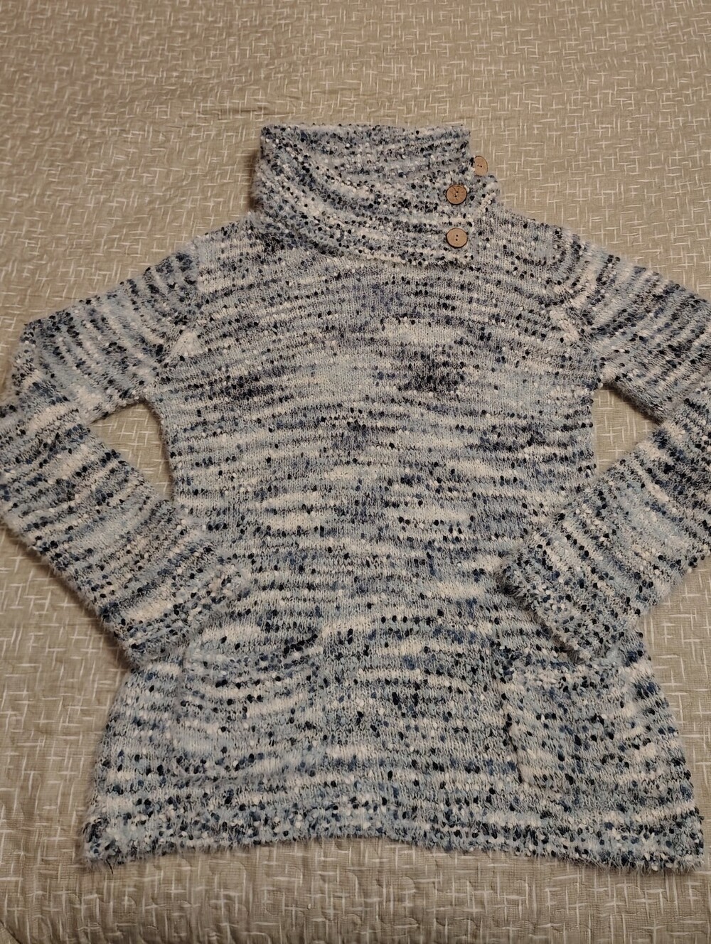 Speckled Cowl Neck Button Sweater - Blue & White